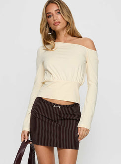   front view of model wearing Princess Polly Yellena Buckle Mini Skirt Brown Pinstripe Mini Skirts Skirts 