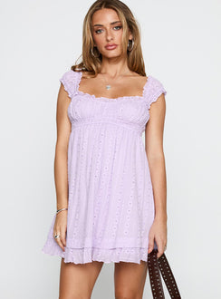 front view of model wearing Princess Polly Carlita Mini Dress Lilac Sweetheart Neckline 
