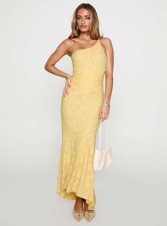 side view of model wearing Princess Polly Starlights One Shoulder Maxi Dress Lemon Asymmetric Neckline 
