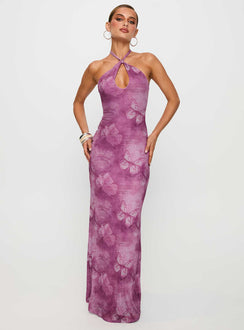 front view of model wearing Princess Polly Nathaleia Halter Maxi Dress Purple Asymmetric Neckline 