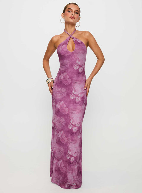 front view of model wearing Princess Polly Nathaleia Halter Maxi Dress Purple Asymmetric Neckline 