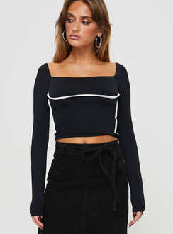 front view of model wearing Princess Polly Maidenwell Contrast Long Sleeve Top Black Full Sleeves Square Neck 