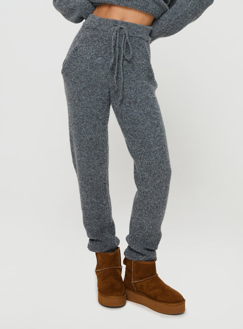 back view of model wearing Princess Polly Abrams Rib Knit Pants Charcoal Marle High Rise Pants Pants 