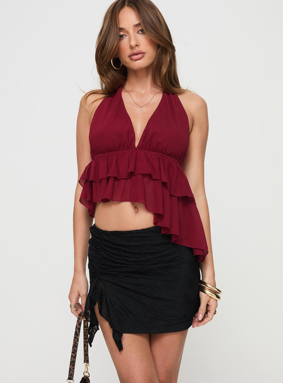   front view of model wearing Princess Polly Vitoria Ruched Lace Mini Skirt Black Mini Skirts Skirts 