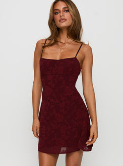 front view of model wearing Princess Polly South Of France Mini Dress Burgundy Square Neck 