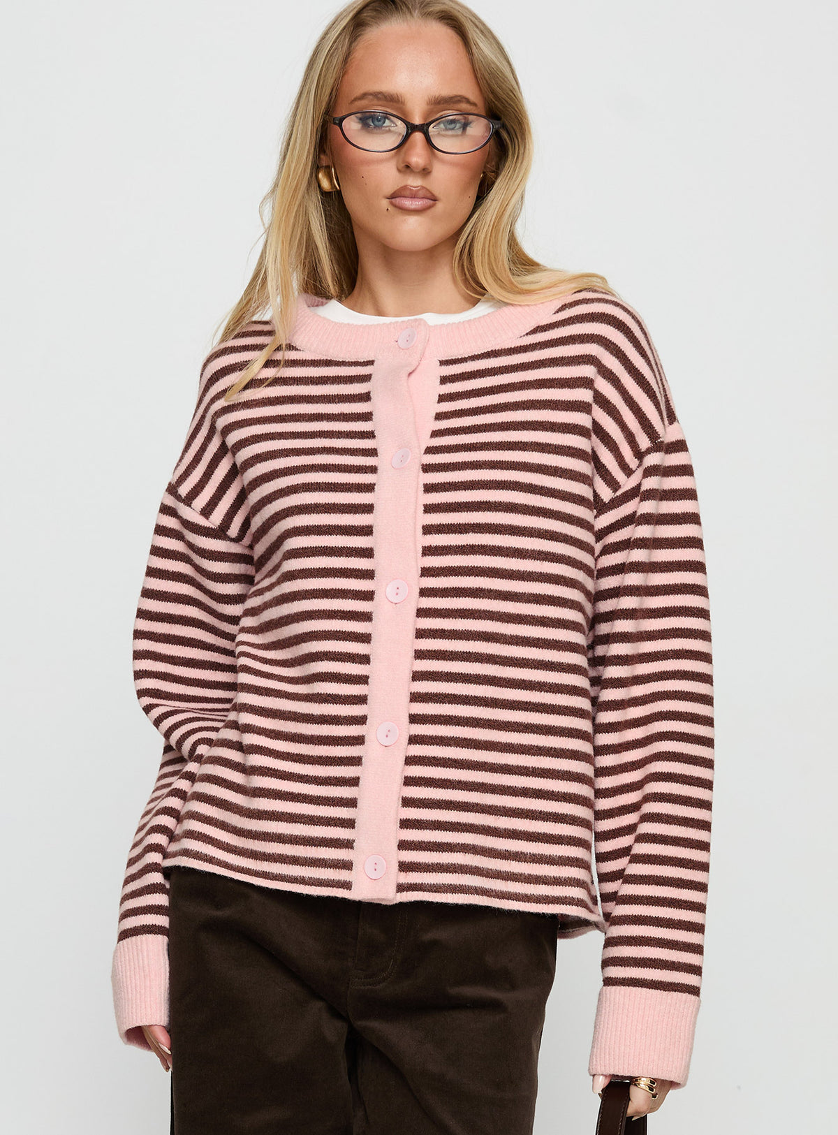 front view of model wearing Princess Polly Darnelle Button Up Knit Cardigan Pink Stripe Longline Jumpers Jumpers 