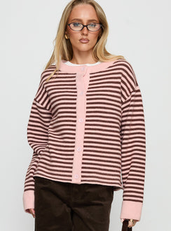 front view of model wearing Princess Polly Darnelle Button Up Knit Cardigan Pink Stripe Longline Jumpers Jumpers 