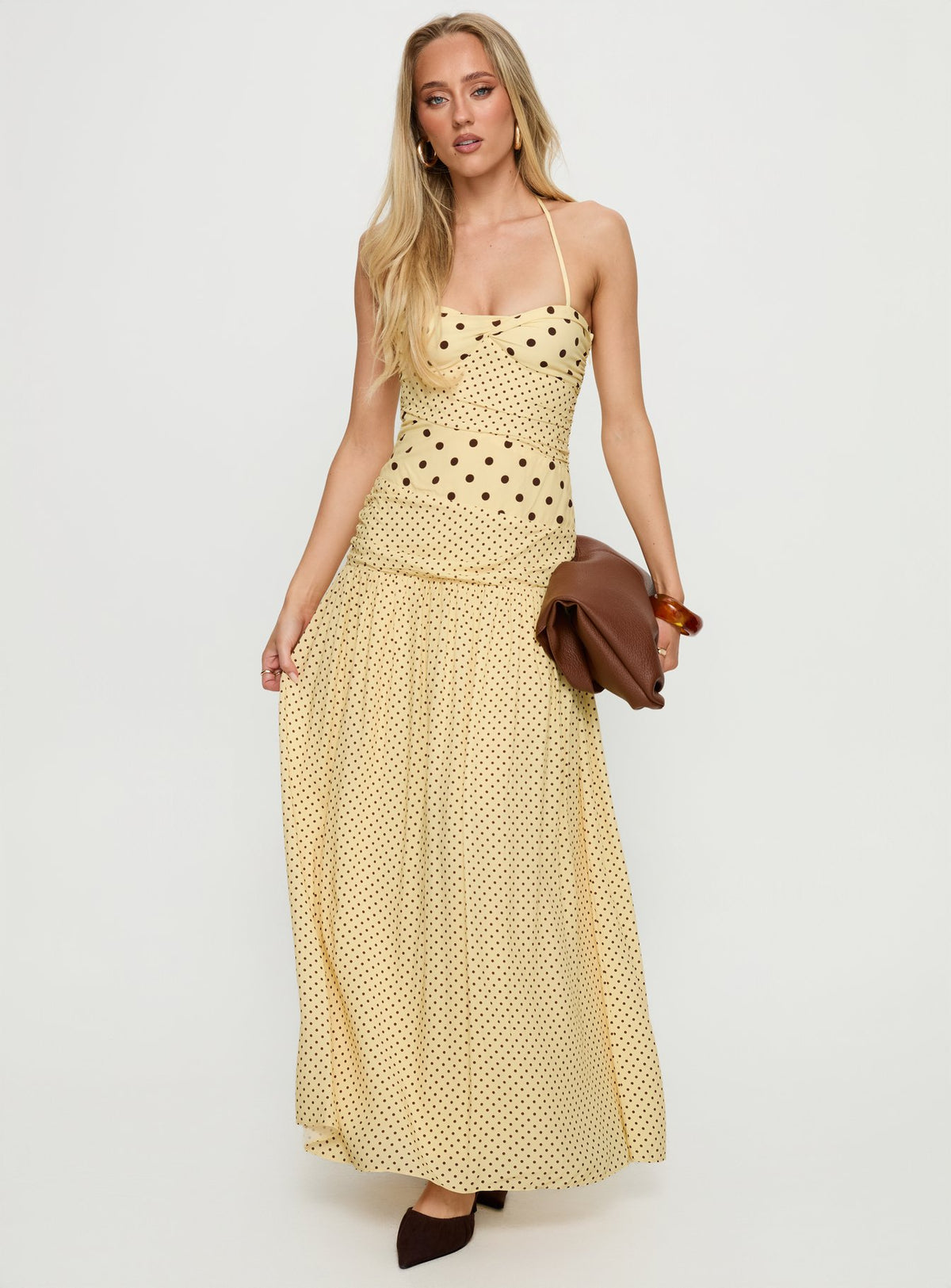 Marguerite Halter Maxi Dress Lemon / Brown Polka Dot