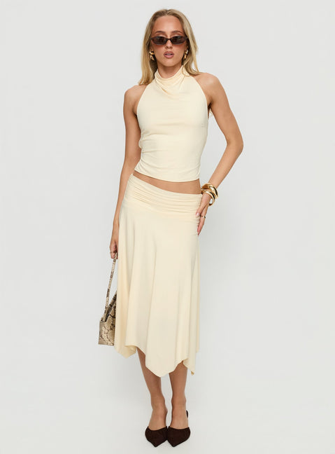   front view of model wearing Princess Polly Scenic Route Asymmetrical Midi Skirt Yellow Midi Skirts Skirts 