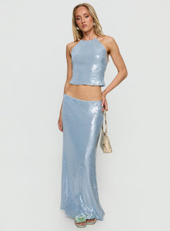   front view of model wearing Princess Polly Emalia Sheer Sequin Maxi Skirt Blue Skirts 
