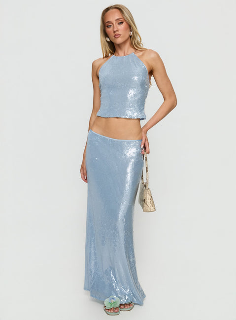   front view of model wearing Princess Polly Emalia Sheer Sequin Maxi Skirt Blue Skirts 
