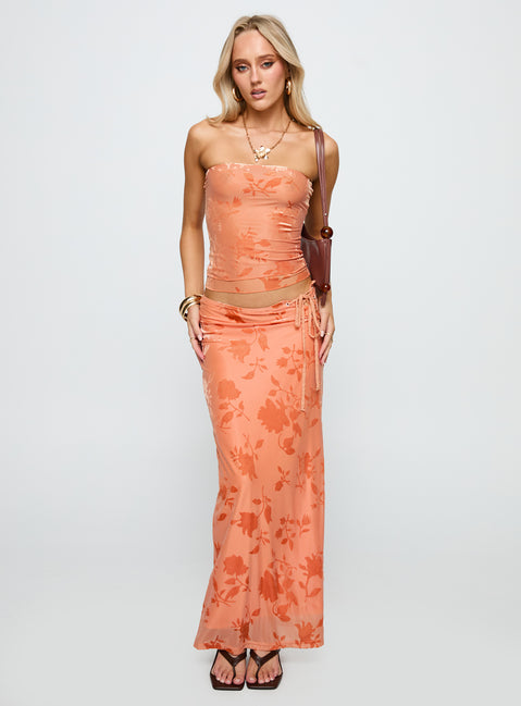   side view of model wearing Princess Polly Mikah Maxi Skirt Orange Maxi Skirts Skirts 