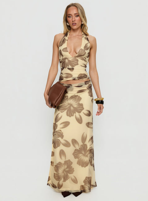  front view of model wearing Princess Polly Roselin Mesh Maxi Skirt Brown Floral Maxi Skirts Skirts 