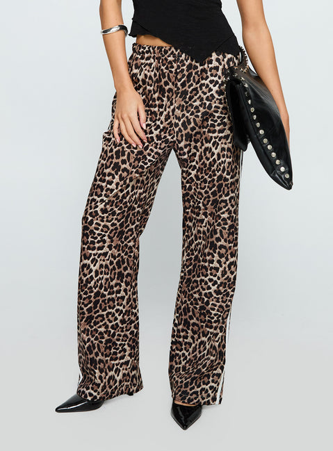 front view of model wearing Princess Polly Buzzer Track Pants Leopard High Rise Pants Pants 