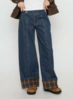 side view of model wearing Princess Polly Nikoletta Foldover Jeans Dark Wash / Check Mid Rise Jeans Jeans 