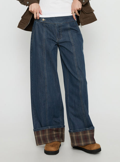 side view of model wearing Princess Polly Nikoletta Foldover Jeans Dark Wash / Check Mid Rise Jeans Jeans 