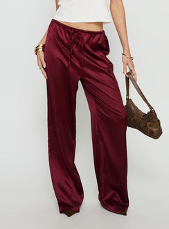 back view of model wearing Princess Polly Soulstar Satin Pants Wine Mid Rise Pants Pants 