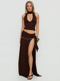   front view of model wearing Princess Polly Spirita Beaded Sarong Maxi Skirt Brown Maxi Skirts Skirts 