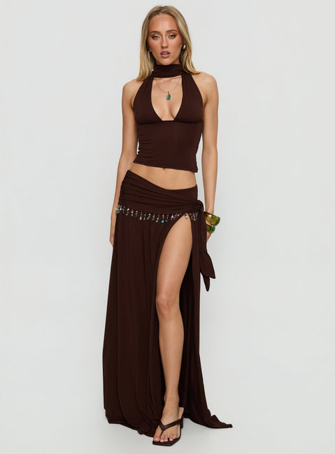   front view of model wearing Princess Polly Spirita Beaded Sarong Maxi Skirt Brown Maxi Skirts Skirts 