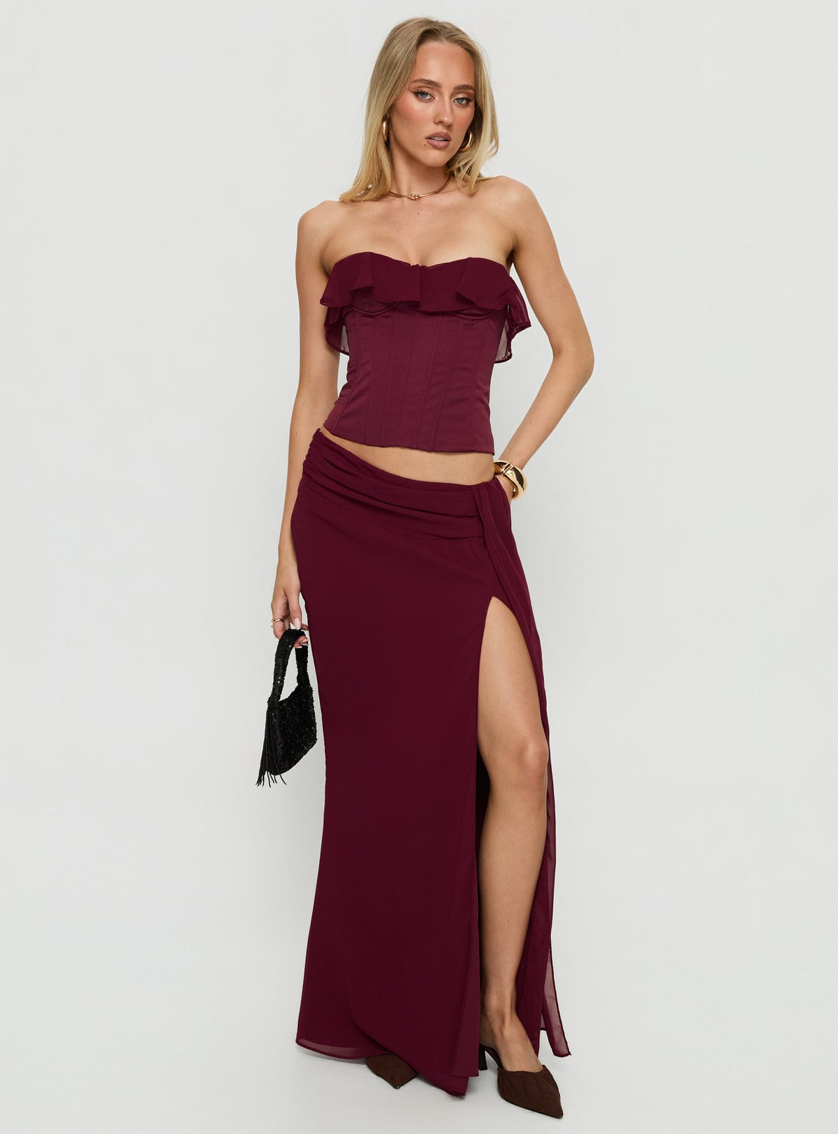   front view of model wearing Princess Polly Hollian Draped Maxi Skirt Wine Maxi Skirts Skirts 