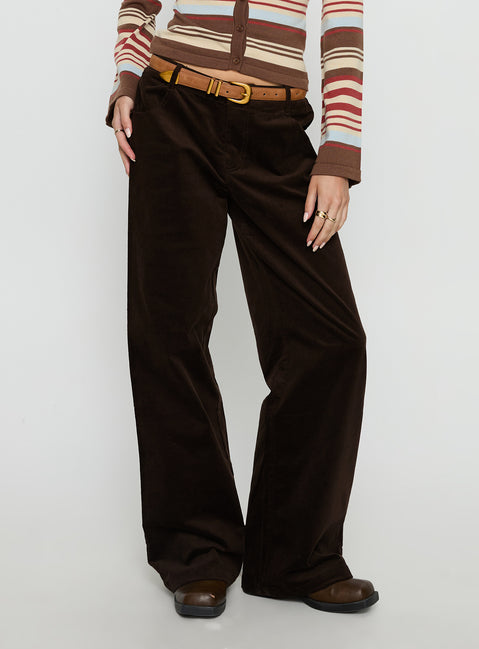 side view of model wearing Princess Polly Kenza Wide Leg Corduroy Pant Brown Mid Rise Pants Pants 