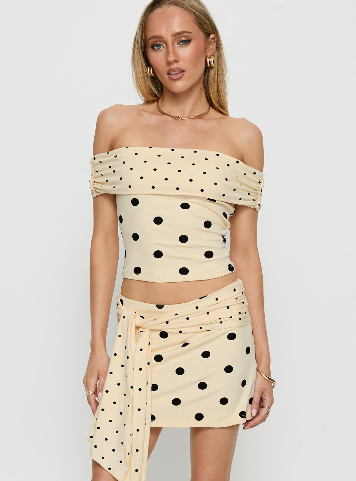   front view of model wearing Princess Polly Porzia Wrap Detail Mini Skirt Cream / Polka Dot Mini Skirts Skirts 
