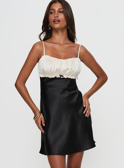 front view of model wearing Princess Polly Cacciatore Mini Dress Black / Cream Sweetheart Neckline 