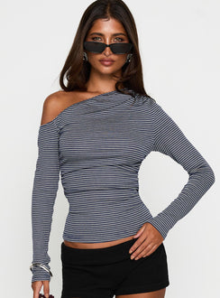 front view of model wearing Princess Polly Beller Long Sleeve Top Navy Stripe Full Sleeves Asymmetric Neckline 