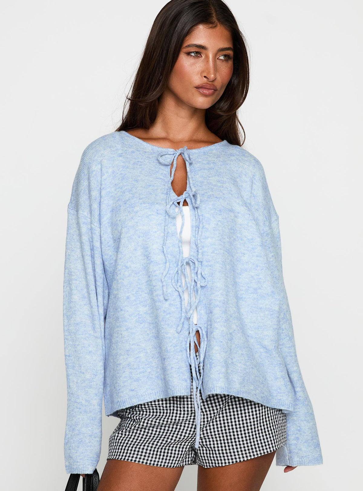 back view of model wearing Princess Polly Frosty Knit Cardigan Blue Longline Jumpers Jumpers 