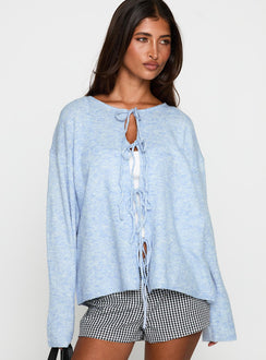 back view of model wearing Princess Polly Frosty Knit Cardigan Blue Longline Jumpers Jumpers 
