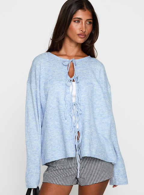 back view of model wearing Princess Polly Frosty Knit Cardigan Blue Longline Jumpers Jumpers 