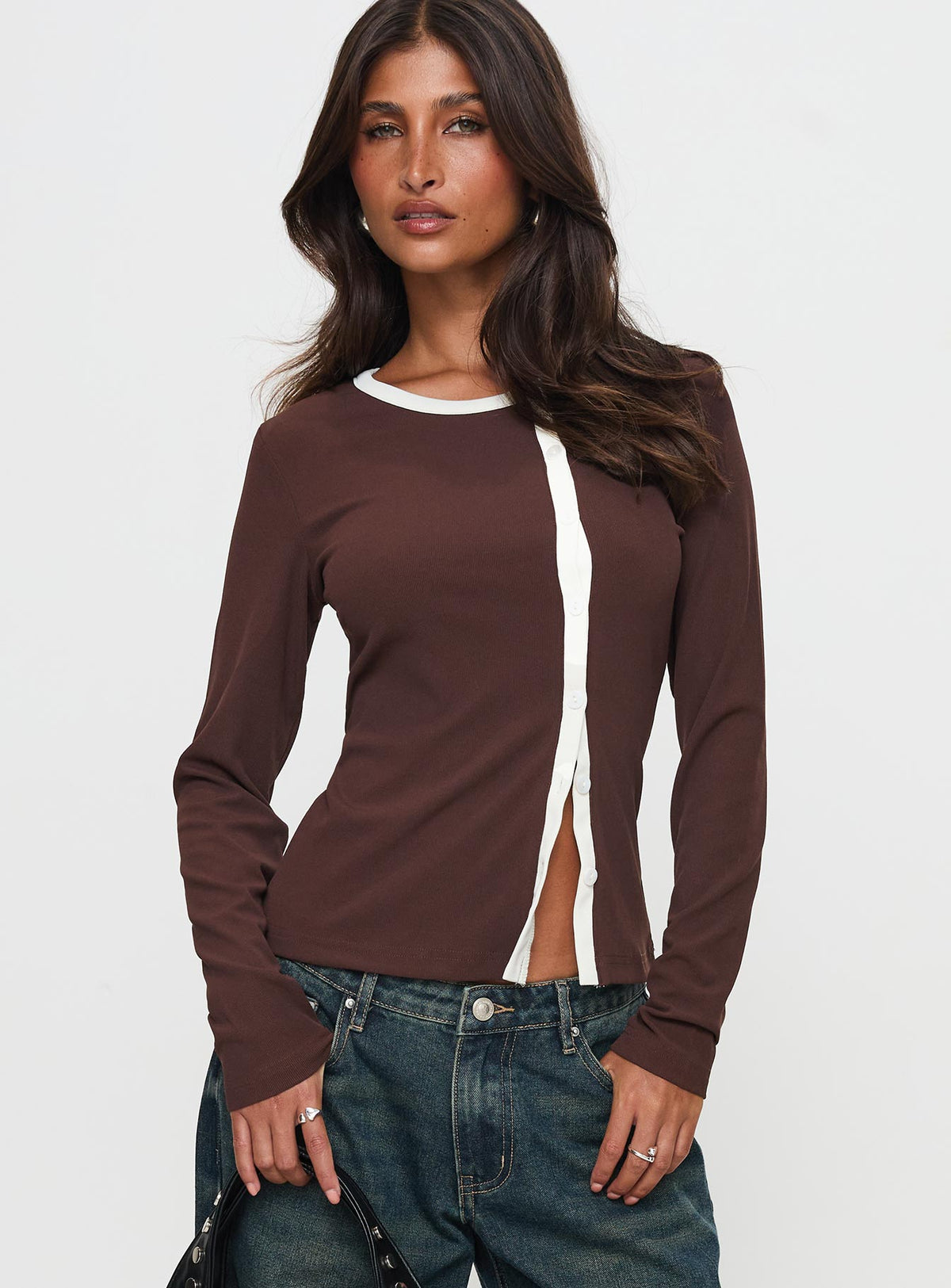 front view of model wearing Princess Polly Phaidra Button Up Long Sleeve Top Brown Full Sleeves Scoop Neck 