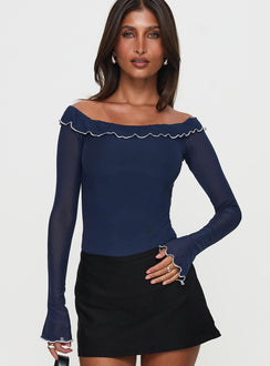 front view of model wearing Princess Polly Arsema Off The Shoulder Bodysuit Navy Long Sleeve Tops Bodysuit 