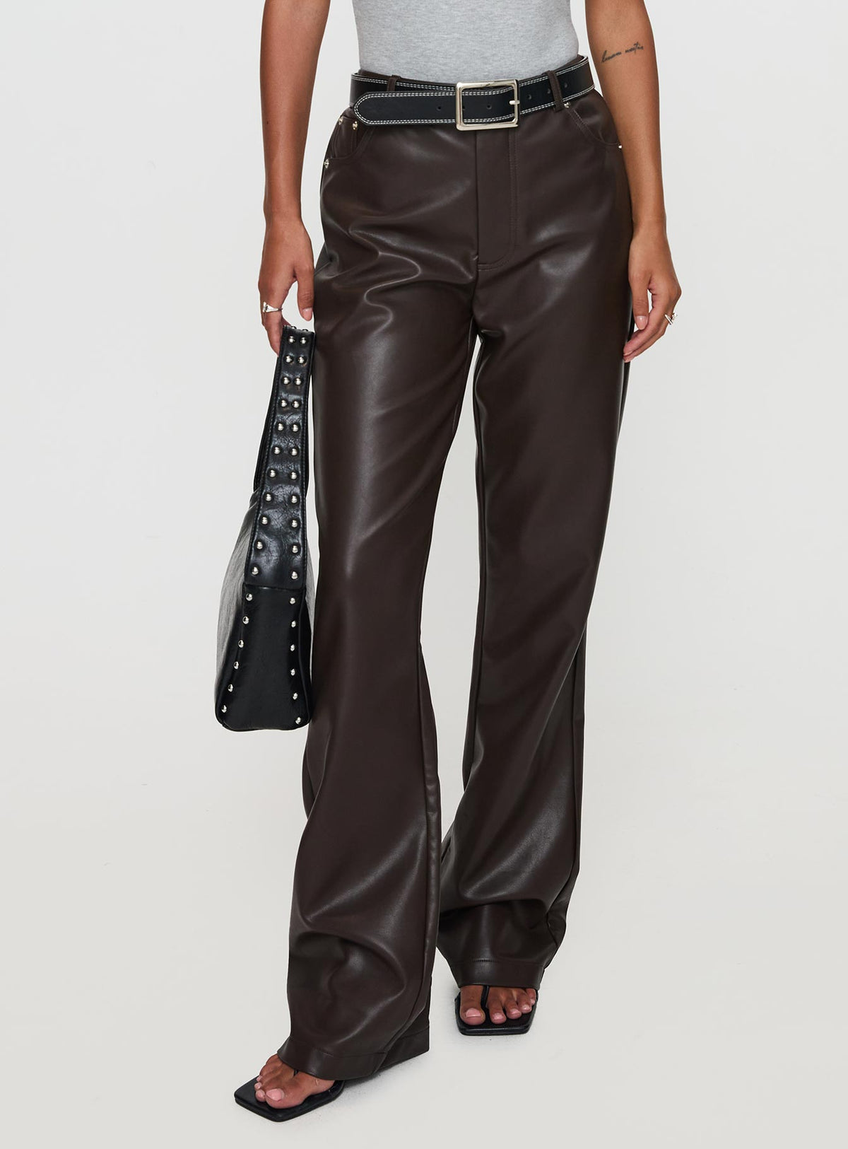 front view of model wearing Princess Polly Nolene Low Rise Pants Chocolate High Rise Pants Pants 
