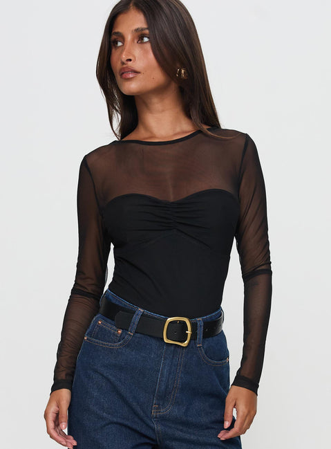 front view of model wearing Princess Polly Delanee Mesh Detail Long Sleeve Bodysuit Black Long Sleeve Tops Bodysuit 