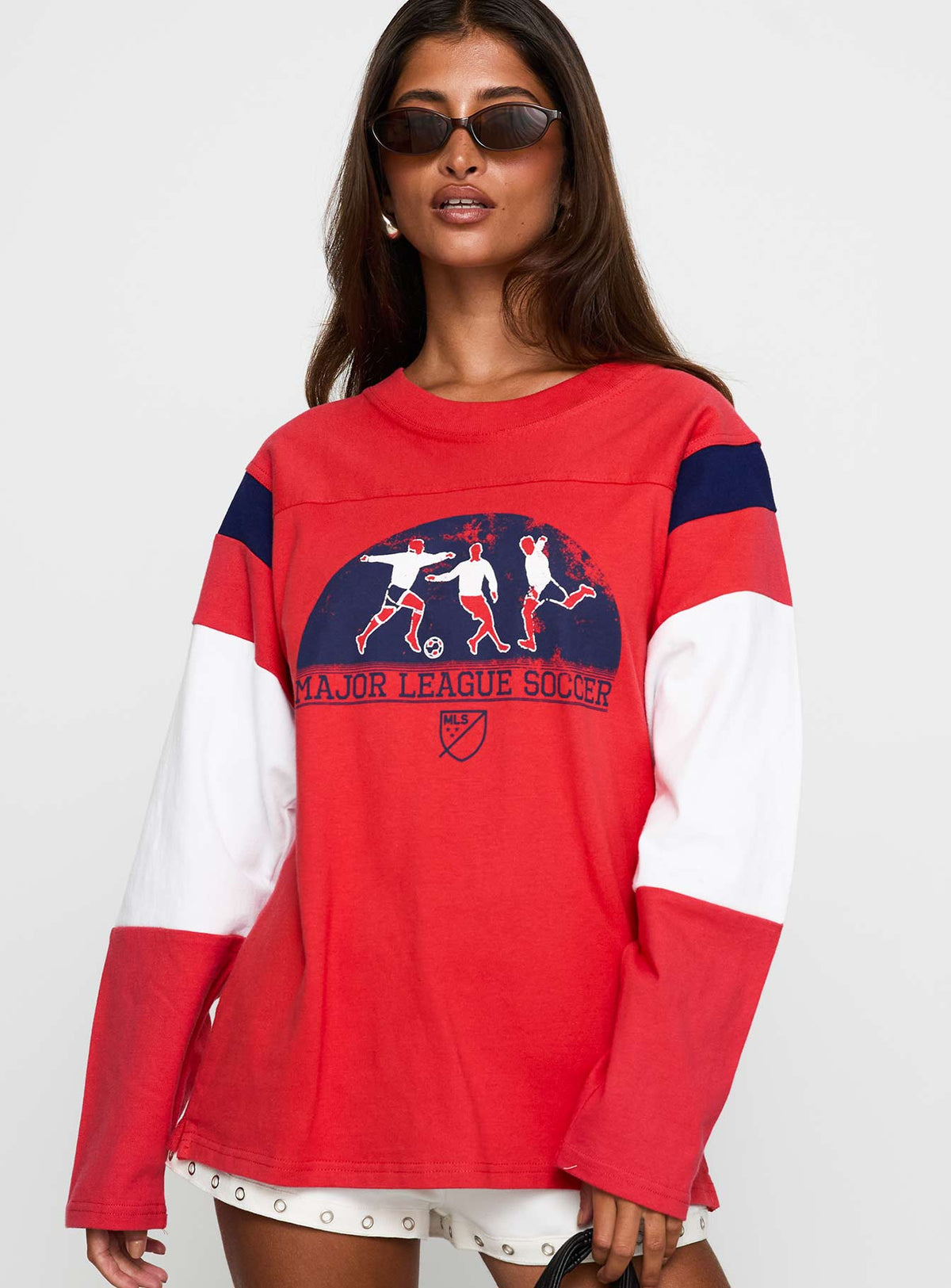 front view of model wearing Princess Polly MLS 96 Retro Long Sleeve Top Red Full Sleeves Crew Neck 