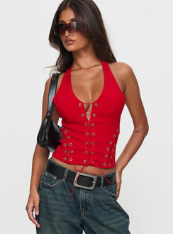 front view of model wearing Princess Polly Come See Me Tie Up Halter Top Red Sleeveless Plunger 