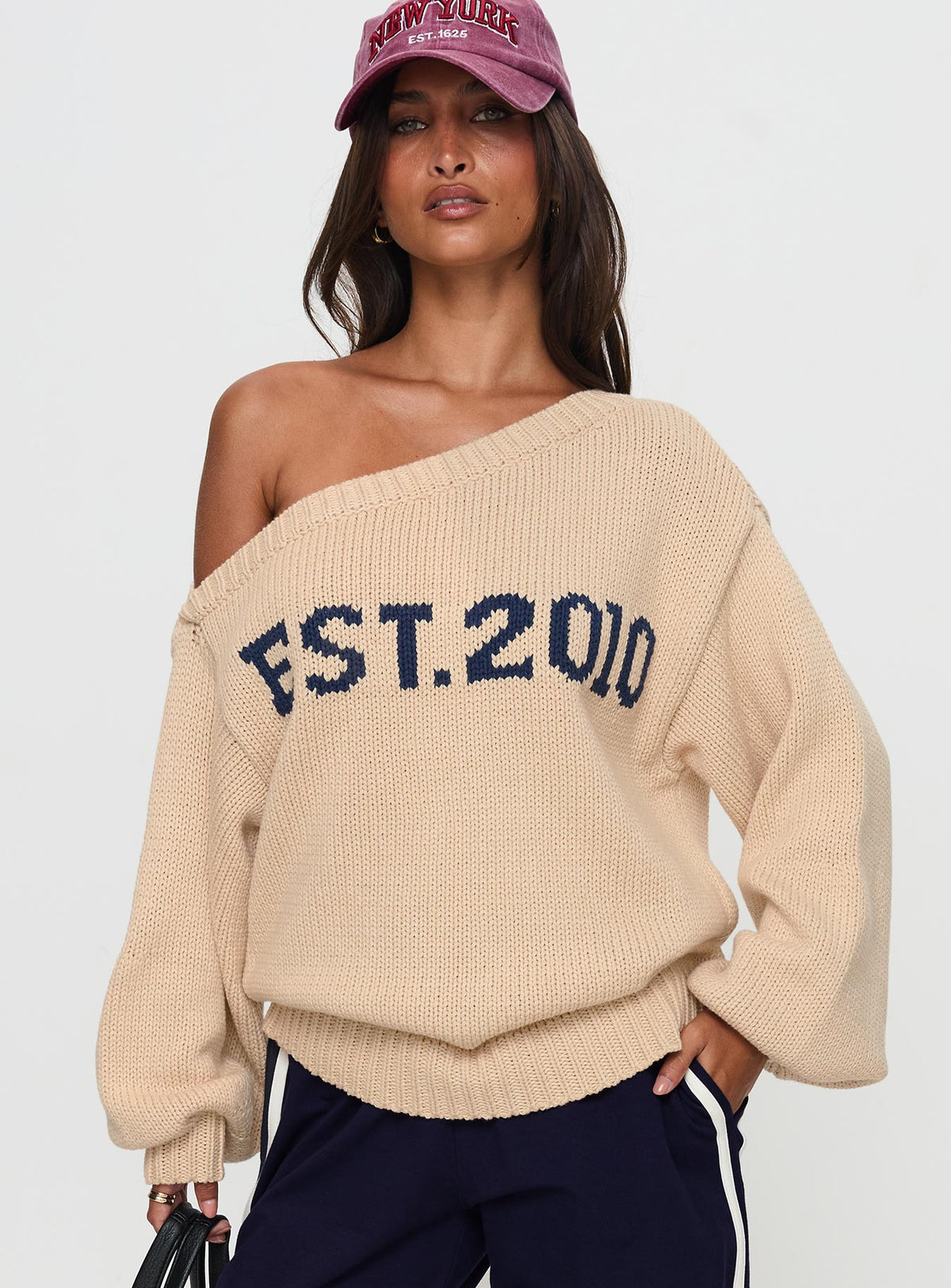 front view of model wearing Princess Polly Jadynn Off Shoulder Knit Sweater Cream Jumpers 