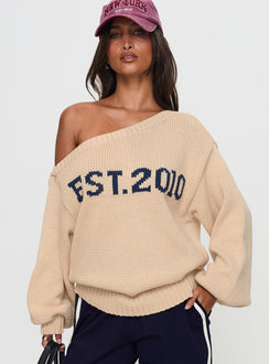 front view of model wearing Princess Polly Jadynn Off Shoulder Knit Sweater Cream Jumpers 