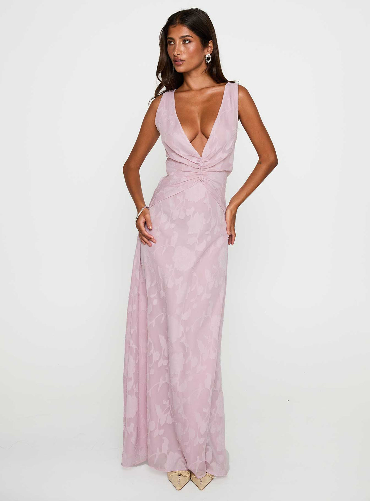 front view of model wearing Princess Polly Frederica Plunge Burnout Maxi Dress Mauve Plunger 