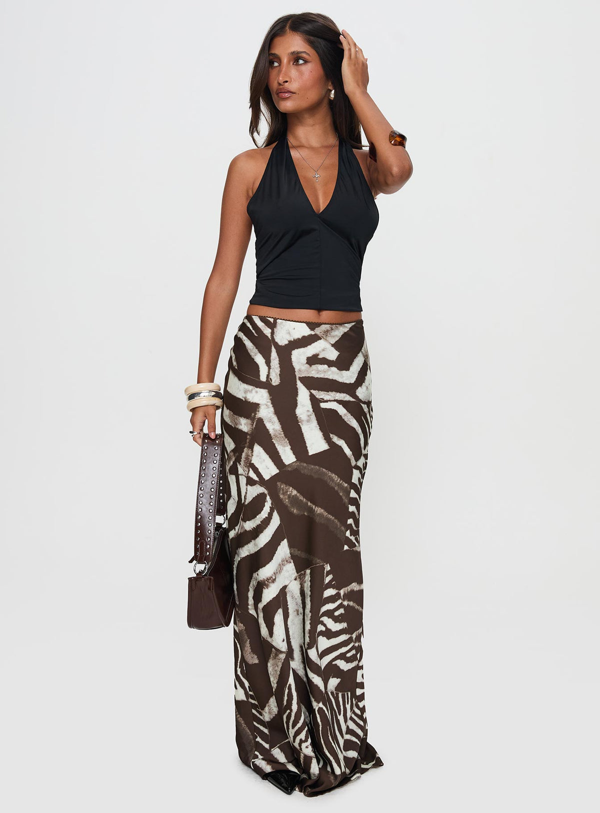   side view of model wearing Princess Polly Rowana Maxi Skirt Multi Maxi Skirts Skirts 