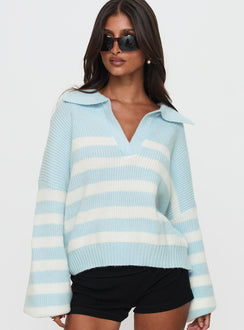 front view of model wearing Princess Polly Carolena Long Sleeve Collared Knit Sweater Blue / White Stripe Longline Jumpers Jumpers 
