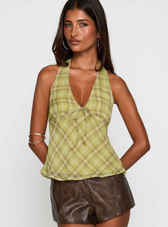front view of model wearing Princess Polly Amalthea Top Green Check Sleeveless Plunger 