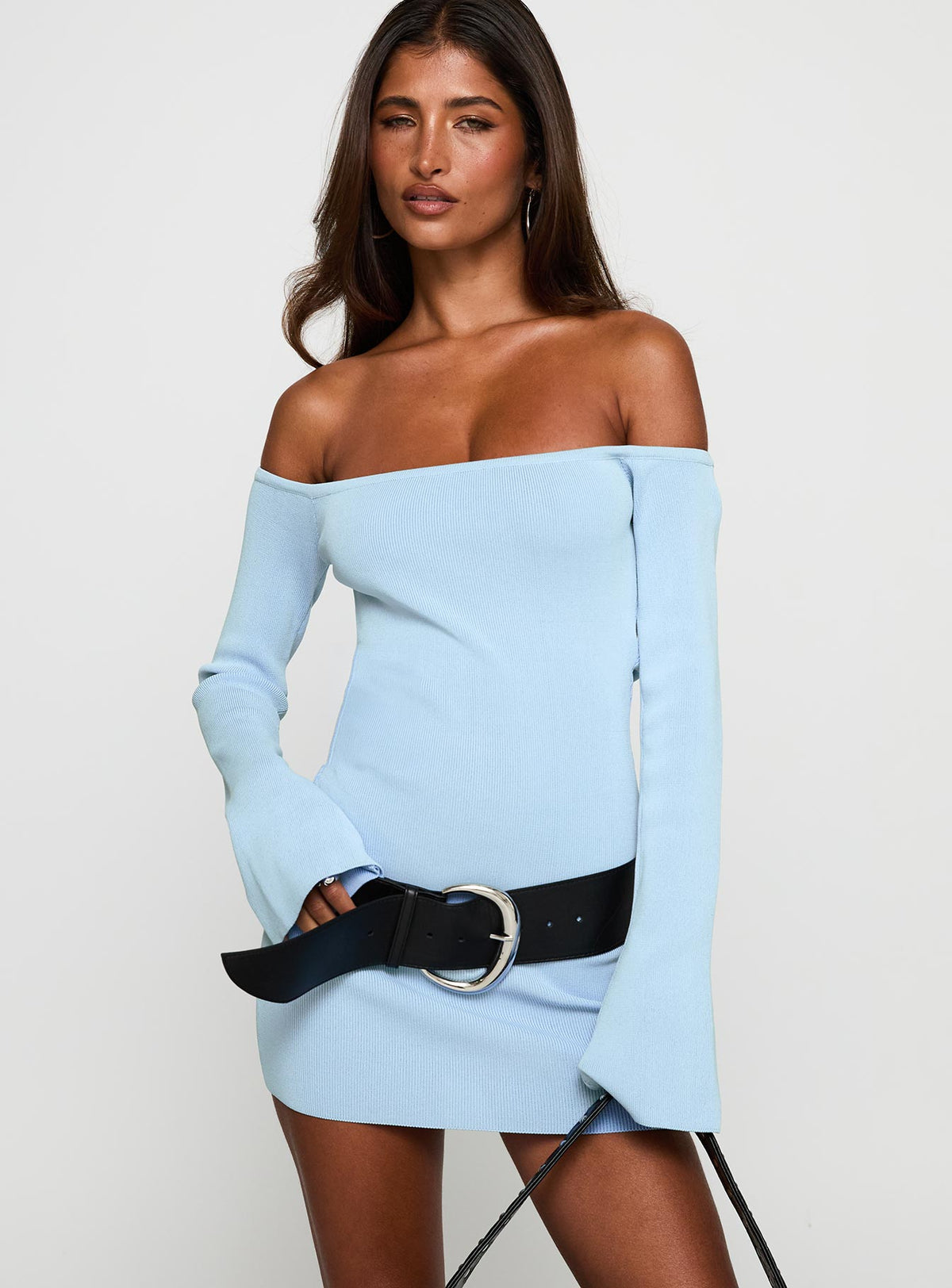 front view of model wearing Princess Polly Parisa Long Sleeve Mini Dress Blue Straight Neck 
