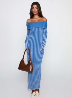 front view of model wearing Princess Polly Mariska Long Sleeve Rib Maxi Dress Blue Straight Neck 