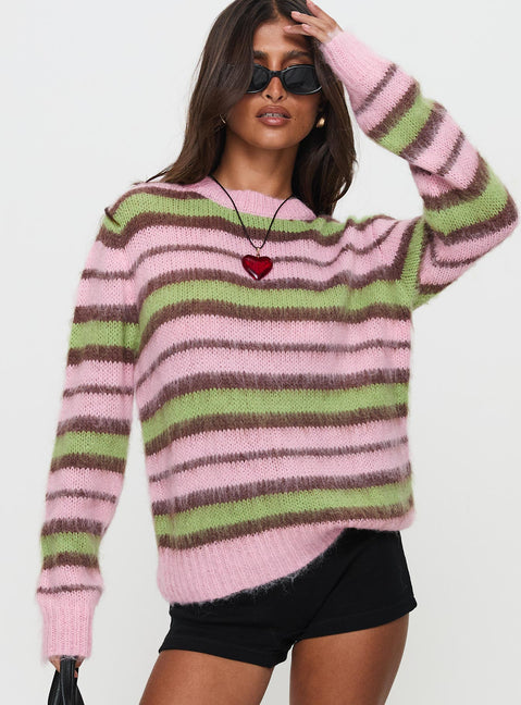 front view of model wearing Princess Polly Maysie Crew Neck Knit Sweater Green / Pink Longline Jumpers Jumpers 