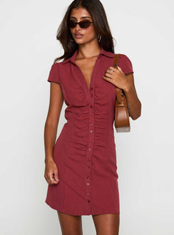 side view of model wearing Princess Polly Arianwyn Mini Dress Burgundy V-Neck 