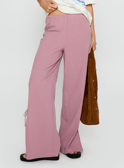 back view of model wearing Princess Polly Jinxie Tie Side Pants Pink Gingham High Rise Pants Pants 