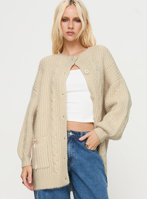 front view of model wearing Princess Polly Cameliah Knit Cardigan Cream Longline Jumpers Jumpers 