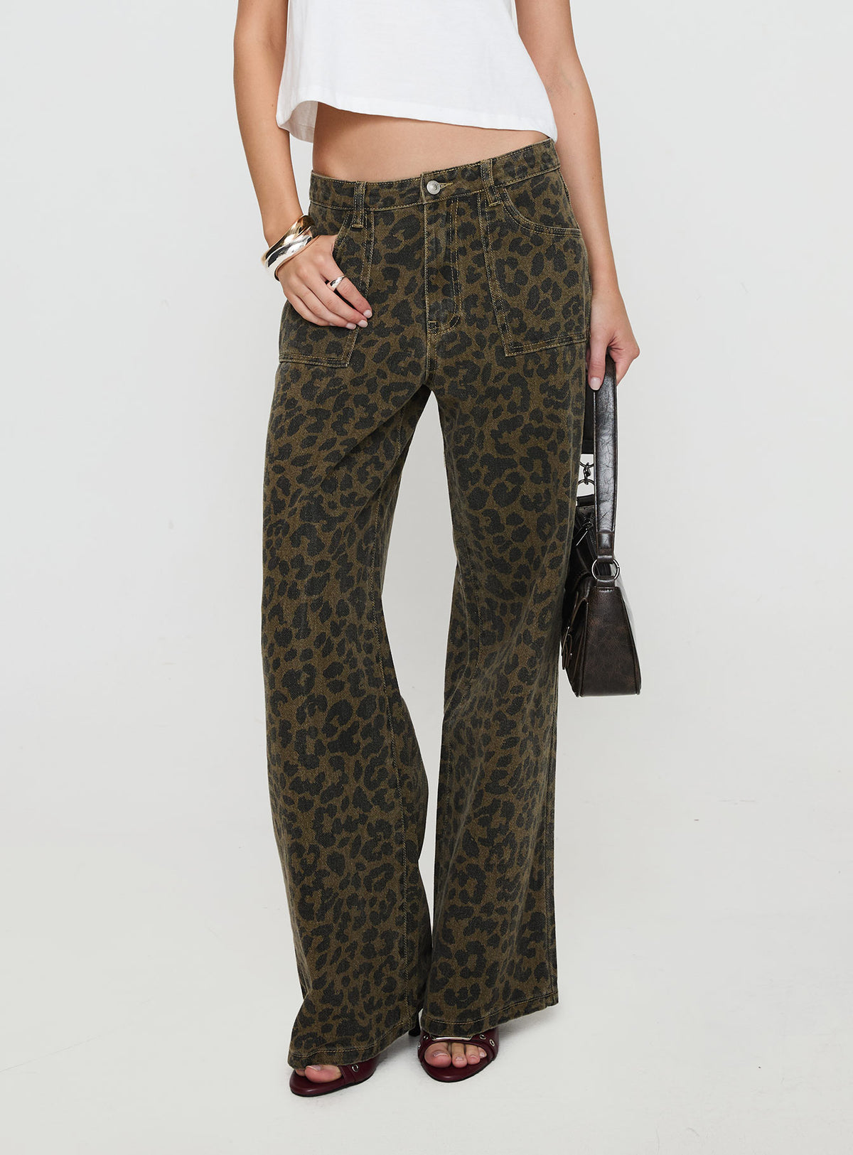 back view of model wearing Princess Polly Briony Low Rise Wide Leg Jean Leopard Mid Rise Jeans Jeans 
